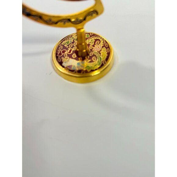 Silk Art Embroidered Bird Globe within Enamed Cloisonne Burgandy Red Brass Swive - Picture 5 of 16
